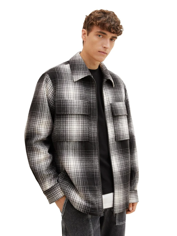 TOM TAILOR Denim Men's 1037384 Jacket, 32698-grey Black Off White Check, L