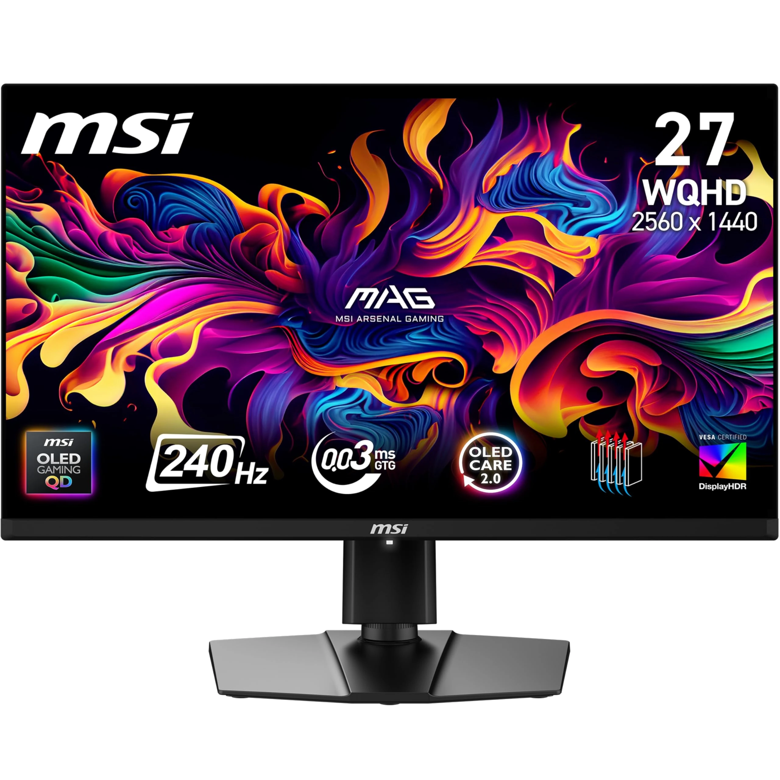 MSI MAG 273QP QD-OLED X24 26.5 Inch WQHD Gaming Monitor - 2560 x 1440 Quantum Dot OLED Panel 240Hz / 0.03ms, 99% DCI-P3, ΔE≤2, DisplayHDR True Black 400, DP 1.4a, HDMI 2.1