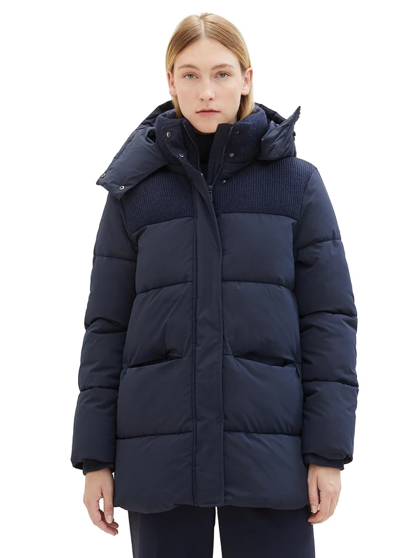 TOM TAILOR Women's Puffer Coat with Hood and Knitted Detail, 10668-sky Captain Blue, L