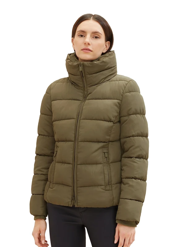 TOM TAILOR Women's 1037564 Quilted Jacket with Stand-up Collar, 11848-jungle Soil Green, S