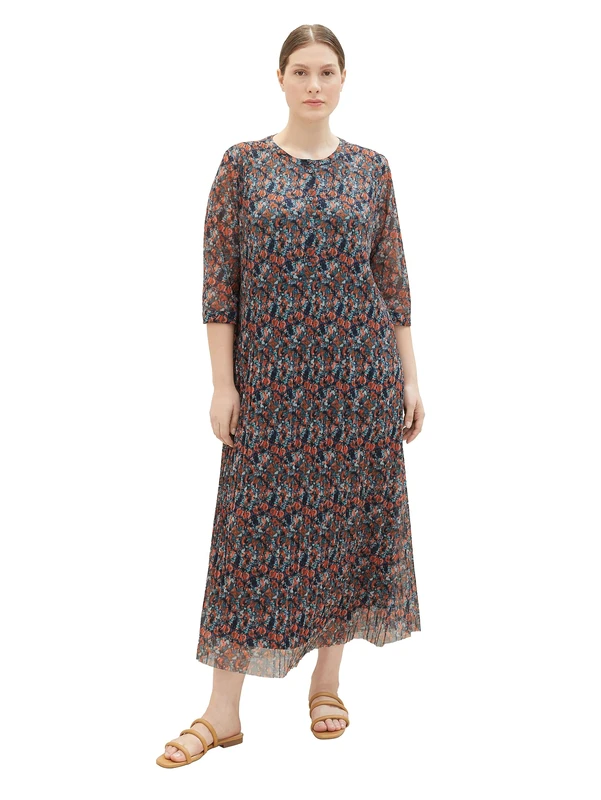 TOM TAILOR Women's Mesh Dress with Pleated and Button Placket, 32370-navy Small tie dye Floral, 26 UK