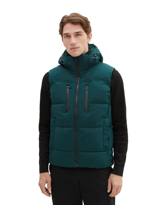 TOM TAILOR Men's Puffer Quilted Vest with Removable Hood, 10834-deep Green Lake, M
