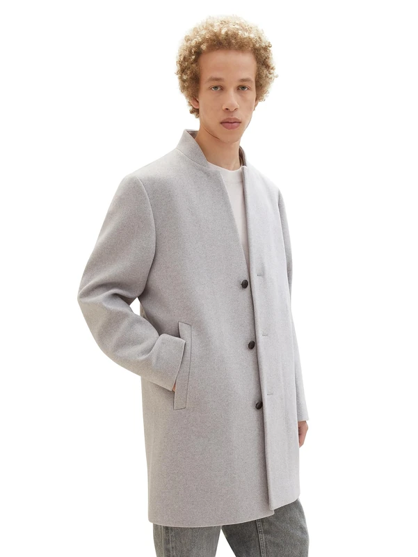 TOM TAILOR Denim Men's 3-Button Wool Coat with Stand-Up Collar, 15398 Light Stone Grey Melange, L
