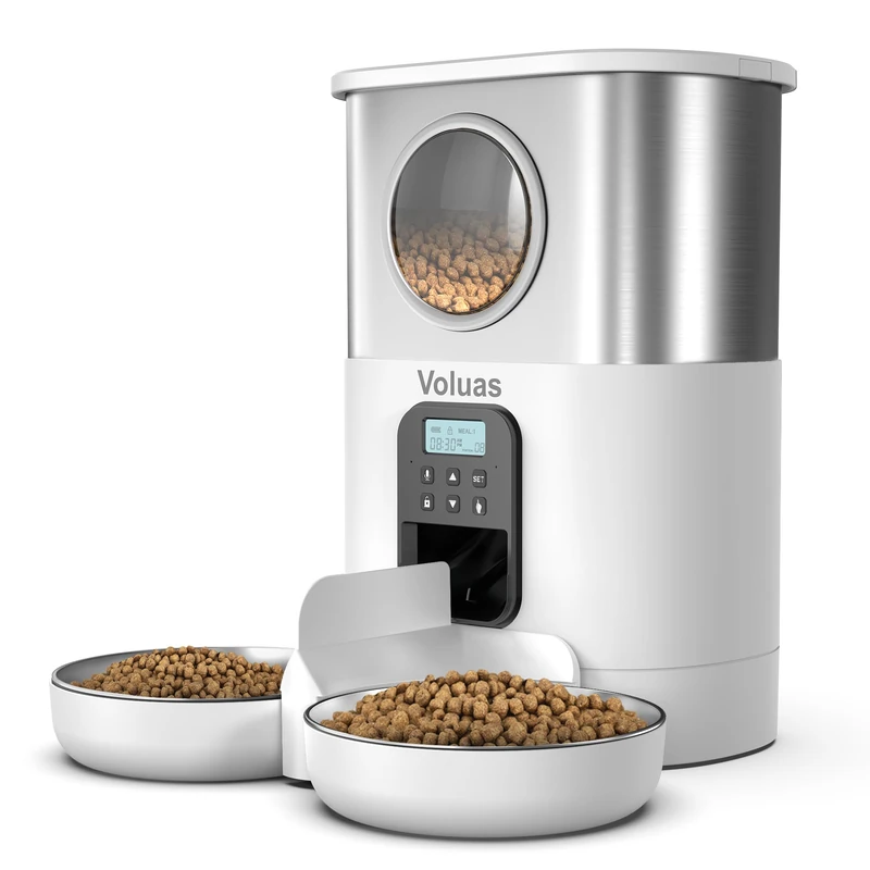 VOLUAS Automatic Cat Feeders for Two Cats - Pet Feeder for Cats and Dogs Timed Cat Feeder Pet Dry Food Dispenser, White
