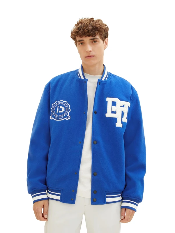 TOM TAILOR Denim Men's Relaxed Fit College Terry Bomber Jacket with Logo Badge, 14531 - Shiny Royal, L