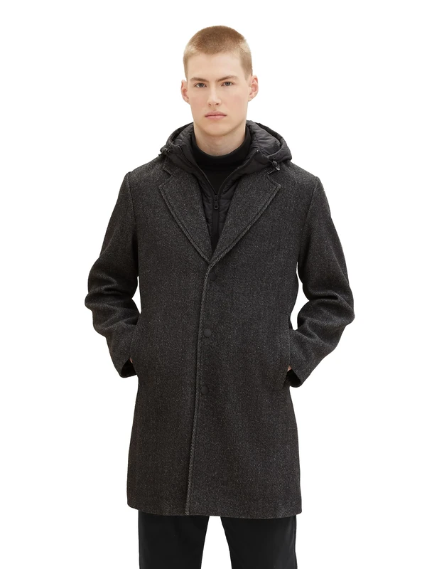 TOM TAILOR Denim Men's Wool Coat, 32681 – Black Grey Twill Structure, XL