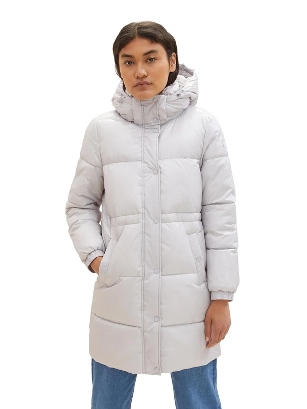 TOM TAILOR Denim Women's 1038687 Shiny Quilted Coat with Removable Hood, 32253-basic Light Grey, S