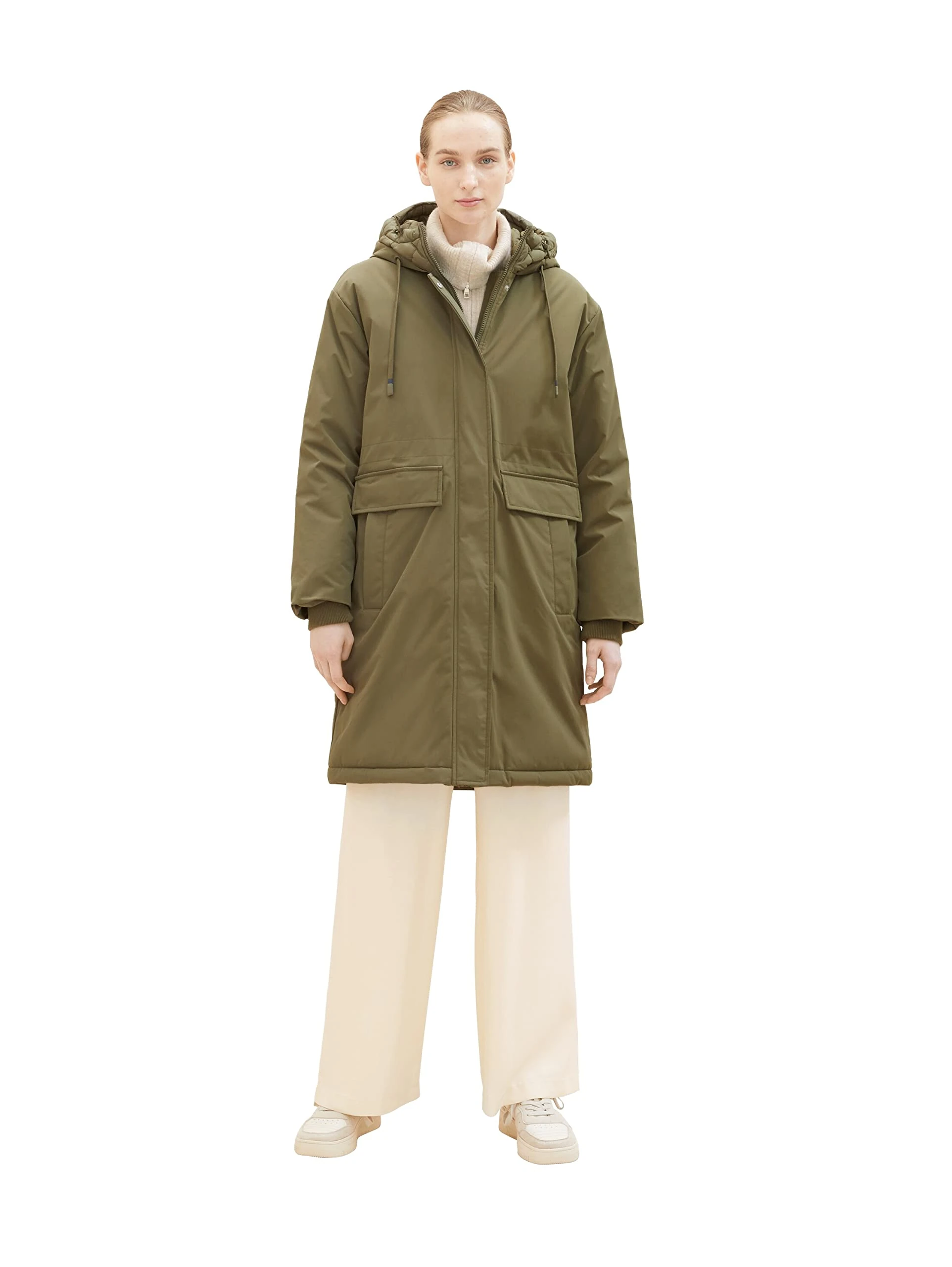 TOM TAILOR Women's Raincoat with Quilting and Hood, 11848-jungle Soil Green, L