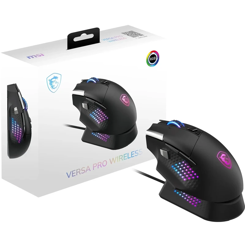 MSI VERSA PRO WIRELESS Gaming Mouse - 26000 DPI Optical Sensor, 1000Hz polling rate, Right-Handed, 70M+ Click OMRON Optical Switches, 13 Buttons, 80-Hour Battery, 1ms Latency, 97g - Wired/Wireless