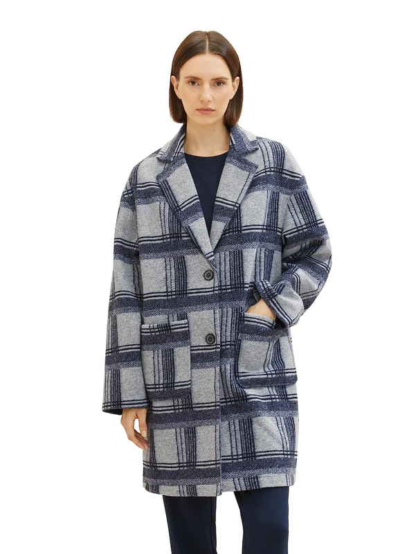 TOM TAILOR Women's 1038679 Plaid Coat, 33773-Navy Grey Check, XL