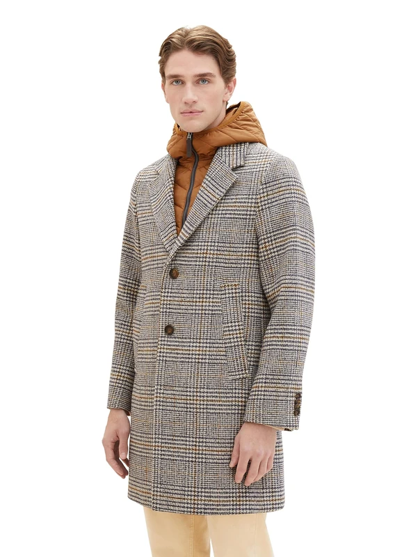 TOM TAILOR Men's 1037348 Wool Coat, 32523-Beige Brown Check, L