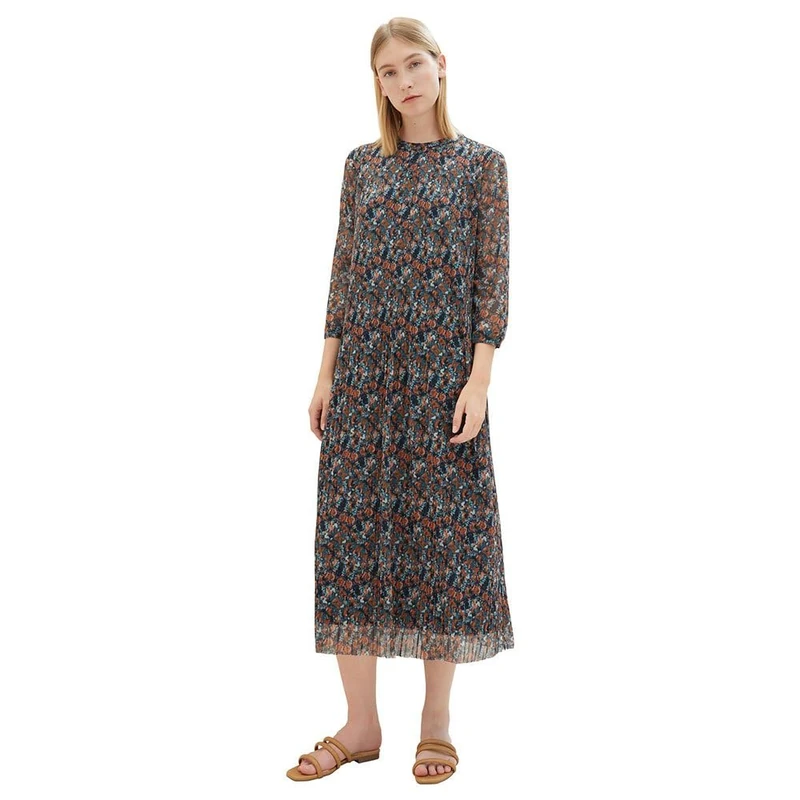 TOM TAILOR Women's Mesh Dress with Pleated and Button Placket, 32370-navy Small tie dye Floral, 14