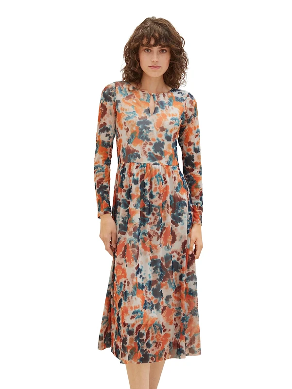TOM TAILOR Women's 1037927 Mesh Dress with Pattern (Pack of 1), 32367 - Grey Orange Tie Dye Floral, 10 - Image 1