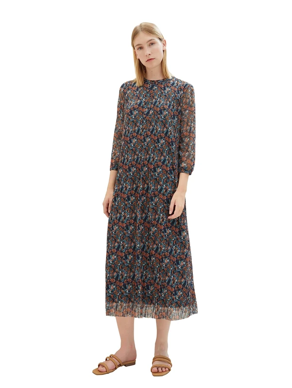 TOM TAILOR Women's 1038715 Mesh Dress with Pleated and Button Placket (Pack of 1), 32370 - Navy Small Tie Dye Floral, 16 - Image 1