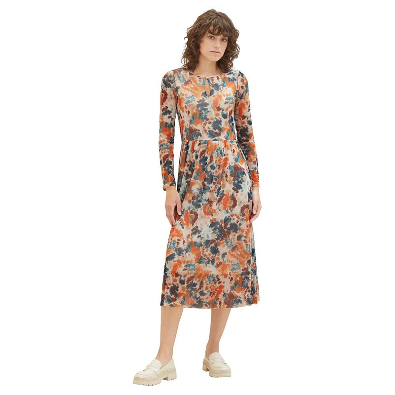 TOM TAILOR Women's Mesh Dress with Pattern, 32367-grey Orange tie dye Floral, 16