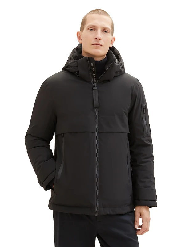 TOM TAILOR Men's Hybrid Down Jacket with Removable Hood - Black L