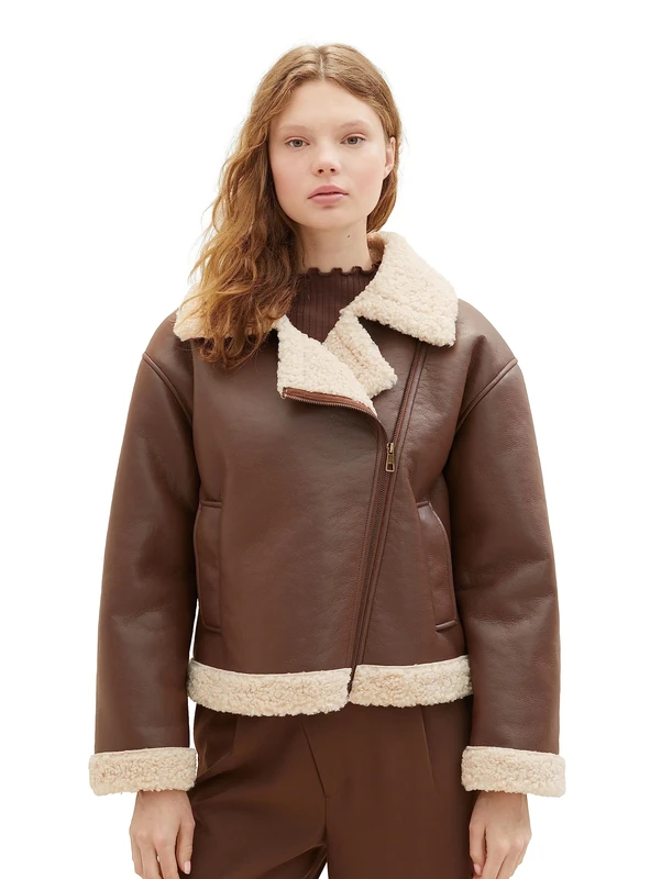TOM TAILOR Denim Women's Sherling Leather Jacket, 19714-roasted Coffee Brown, M