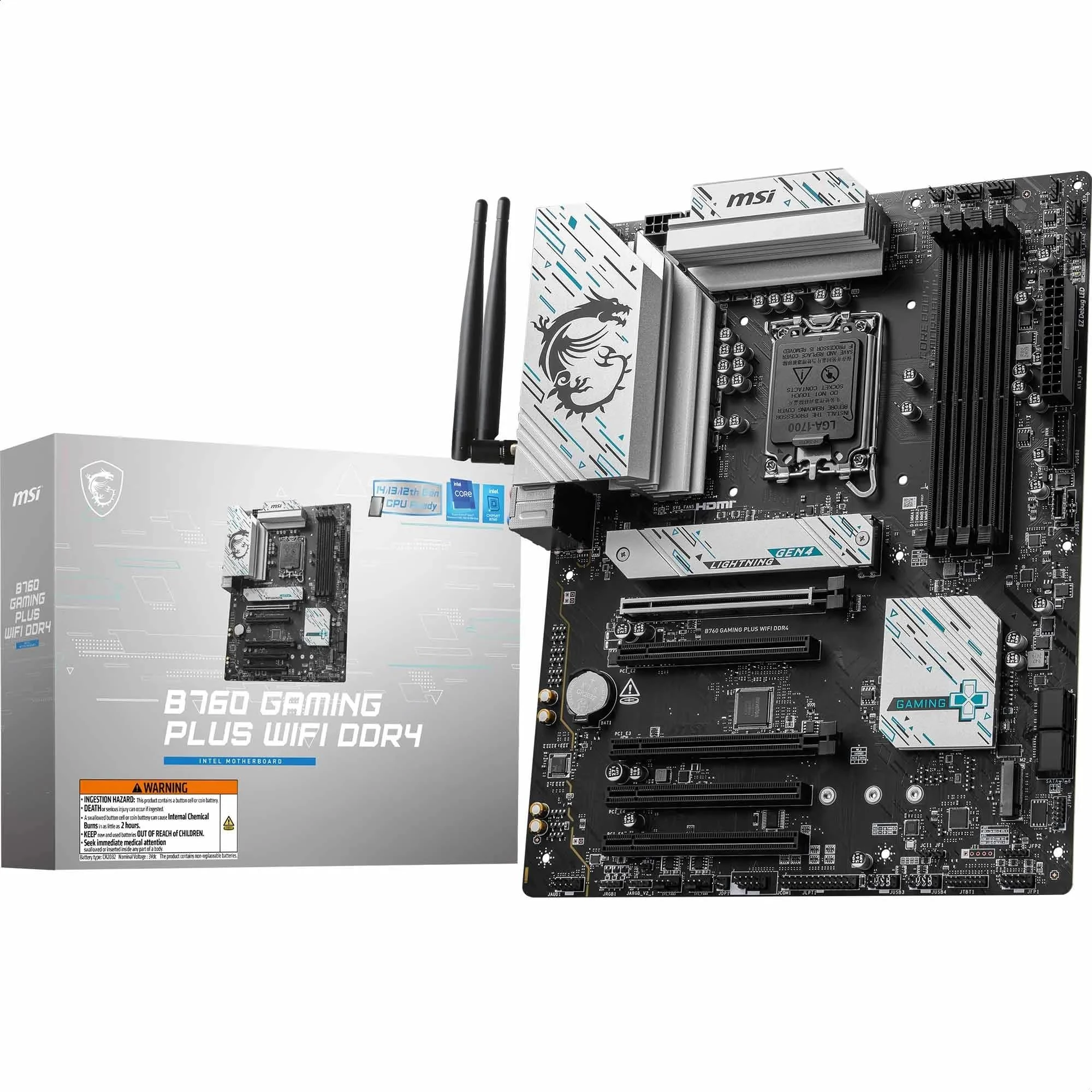 MSI B760 GAMING PLUS WIFI DDR4 Motherboard, ATX - Supports Intel 14th, 13th & 12th Gen Core Processors, LGA 1700 - DDR4 Memory Boost 5333+MHz/OC, 1x PCIe 4.0 x16, 2 x M.2 Gen4, 2.5G LAN, Wi-Fi 6E