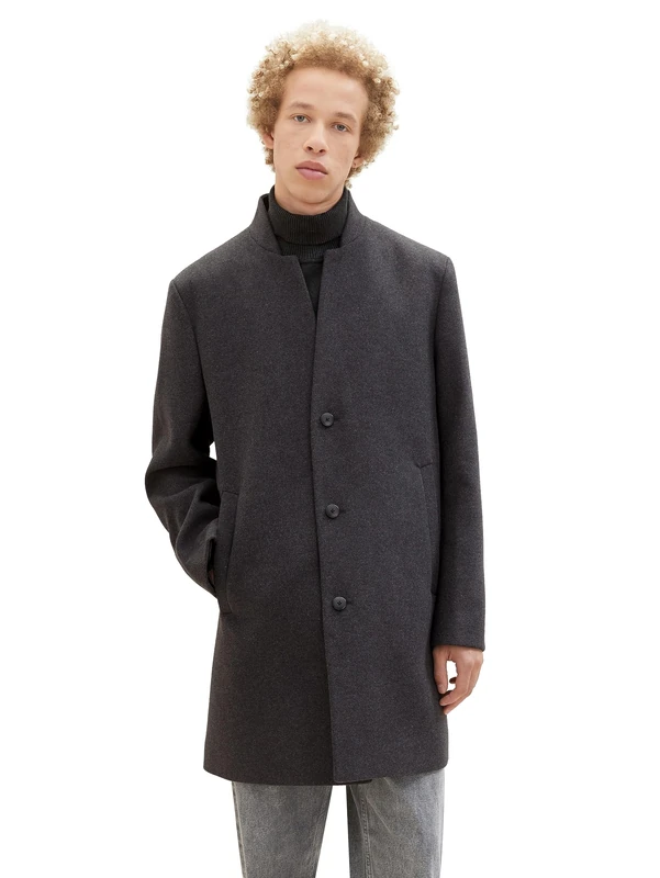 TOM TAILOR Denim Men's 3-Button Wool Coat with Stand-Up Collar, 10617 - Black Grey Melange, L