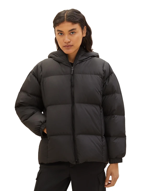 TOM TAILOR Denim Women's Recycled Down Puffer Jacket with Hood, 14482 - Deep Black, XL