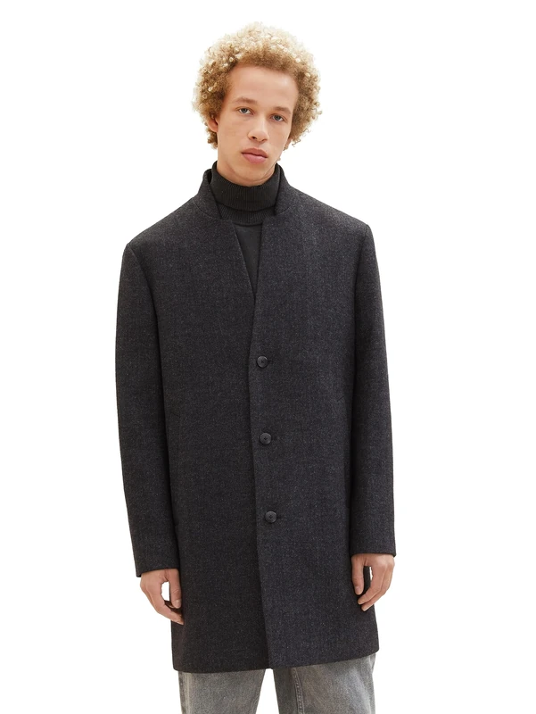 TOM TAILOR Denim Men's 3-Button Wool Coat with Stand-Up Collar, 32525 - Grey Big Herringbone Optic, XXL