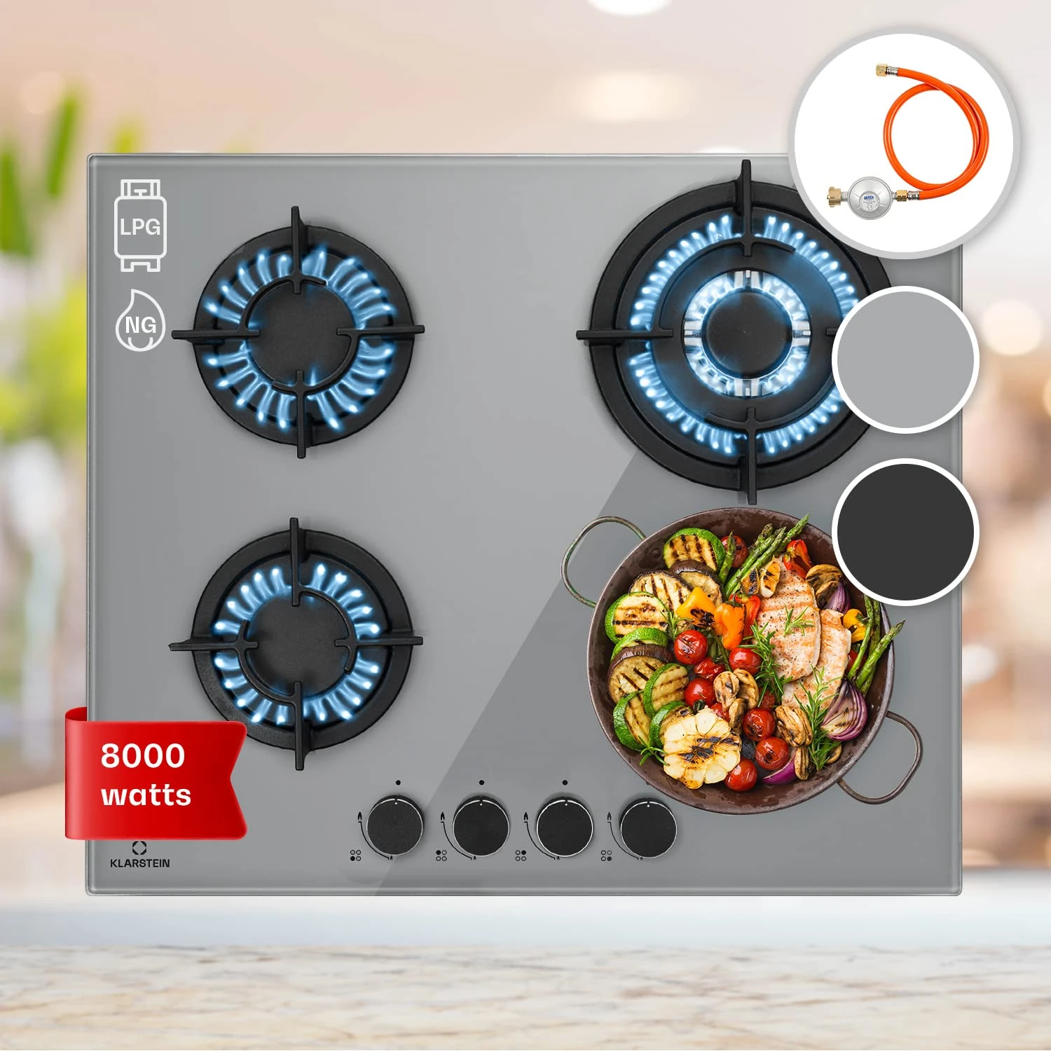 Klarstein Gas Cooker, 4 Burners Gas Hob, 8000W Built In Four Ring Electric Hob, Campervan Cooktops Gas Cookers, Stainless Steel Glass Top Wok Burner, 4 Ring Kitchen Stoves LPG Cooker Gas Burners Units