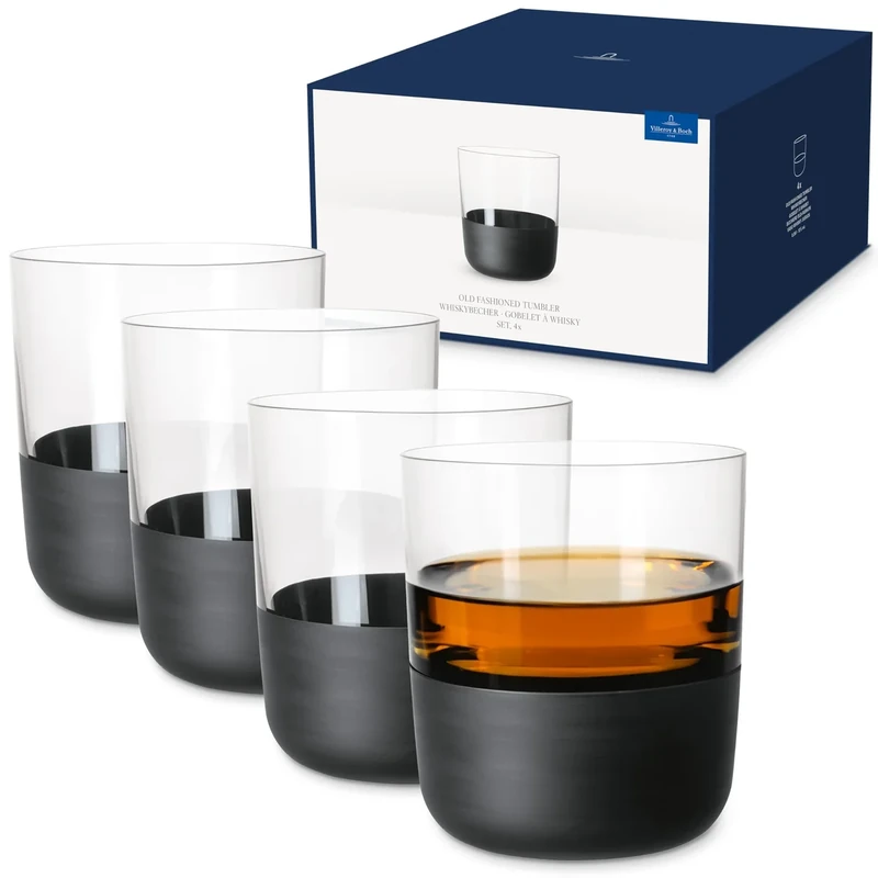 Villeroy & Boch – Manufacture Rock Whisky Glass Set, 4 pces, Crystal Glass with matt Black Base, Capacity 250 ml