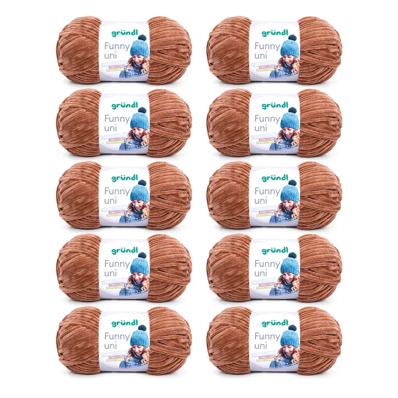 Gründl Funny Plain Wool - Soft Chenille Wool for Crocheting - Cuddly and Skin-Friendly - 100% Polyester - 10 Balls 100 g / 120 m - Needle Size 5-6, Light Brown