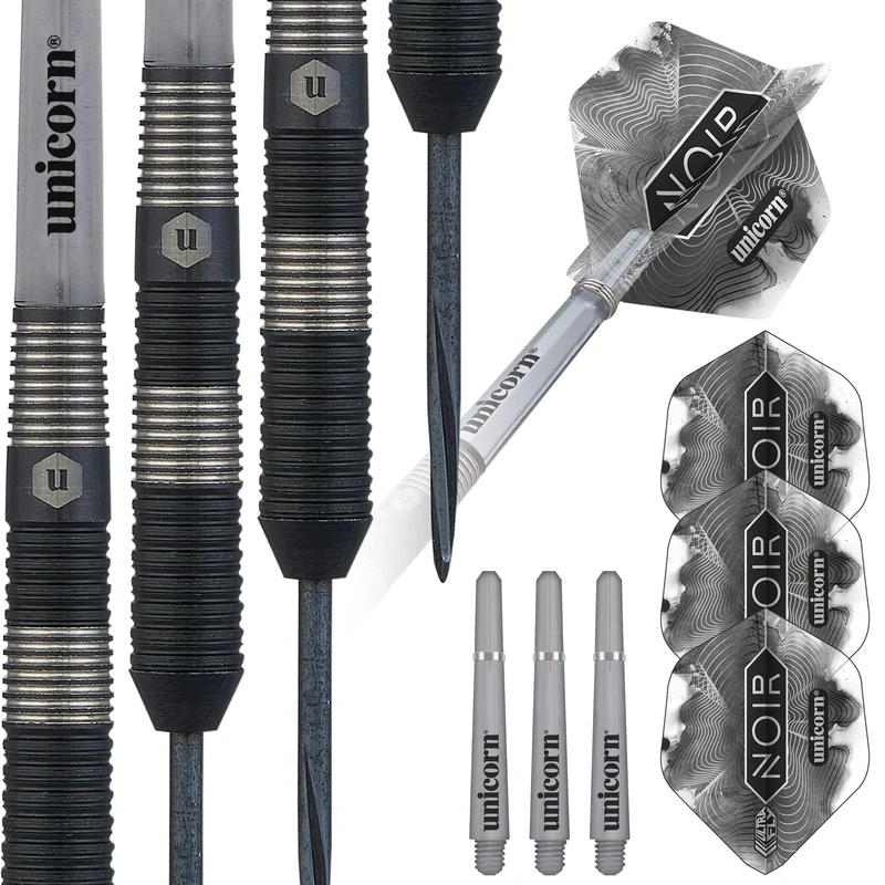 Unicorn Steel Tip Professional Darts Set | Noir Style 3 | 90% Tungsten Barrels with Black Titanium Coating & Black Volute Points | 24 g