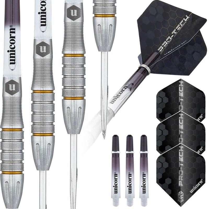 Unicorn Steel Tip Darts Set | Pro-Tech Style 5 | 90% Natural Tungsten Barrels with Golden Accents & Volute Points | 27 g