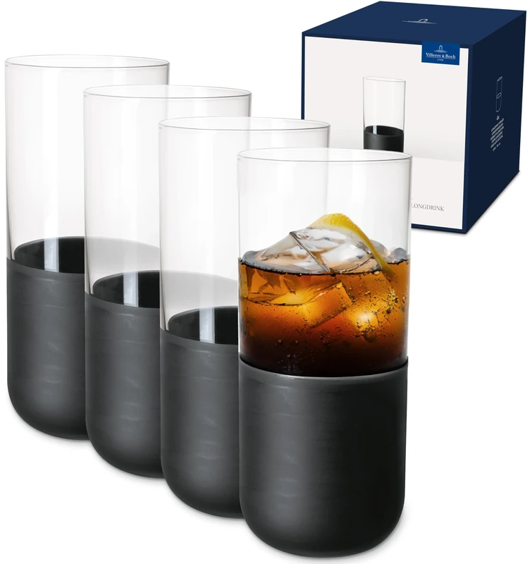 Villeroy & Boch – Manufacture Rock Long Drink Glass Set, 4 pces, Crystal Glass with matt Black Base, Capacity 300 ml