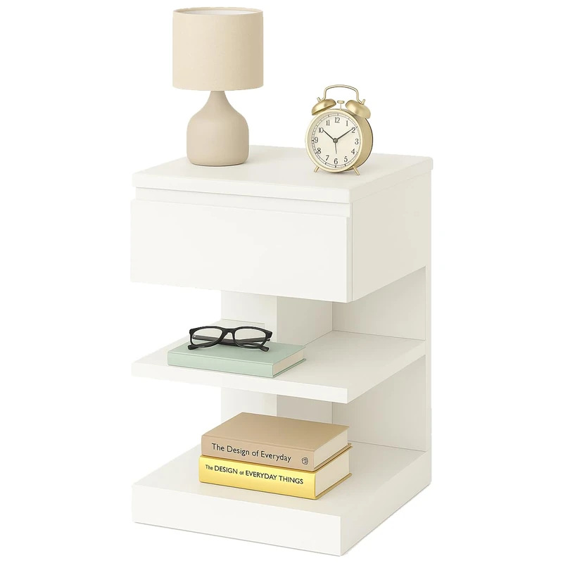 BAKAJI Modern Design Bedside Table with 1 Drawer and 2 Open Shelves, Slim Sturdy White Cabinet, Space-Saving Ideal for Bedroom, Living Room, Cabinet Dimensions 39 x 39 x 65 cm - Image 1