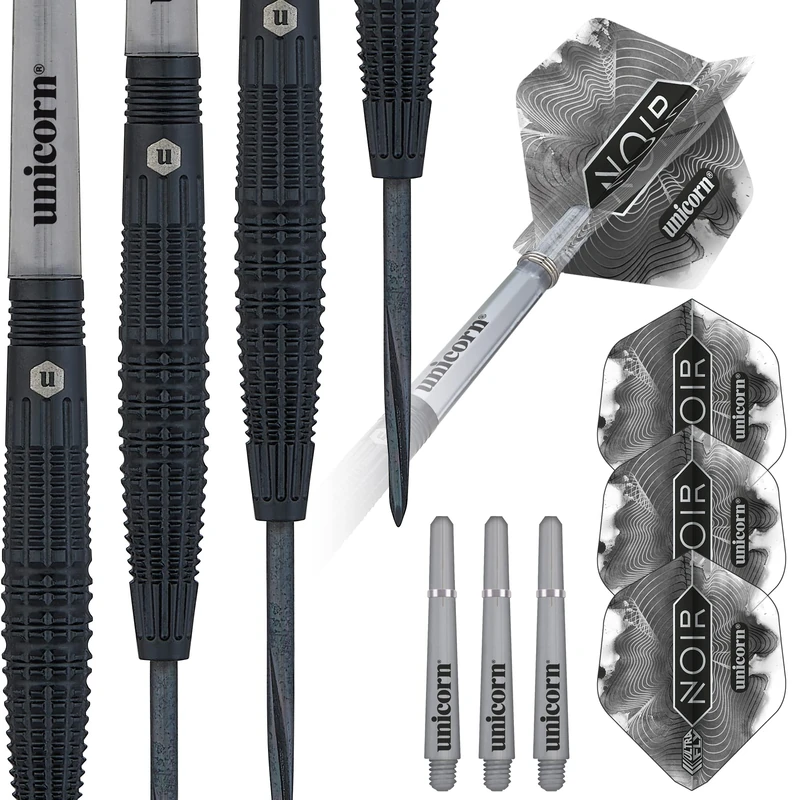 Unicorn Steel Tip Darts Set | Noir Style 2 | 90% Tungsten Barrels with Black Titanium Coating & Black Volute Points | 25 g