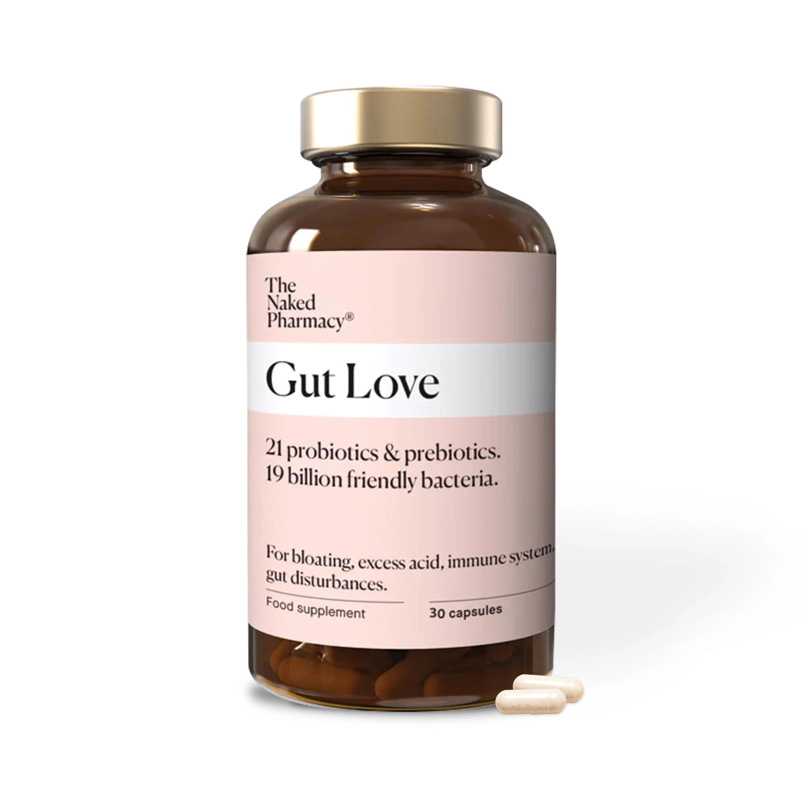 The Naked Pharmacy | Gut Love | Natural Probiotic & Prebiotic for Gut Health | High Strength | Digestive Supplements | Vegan | 30 Capsules