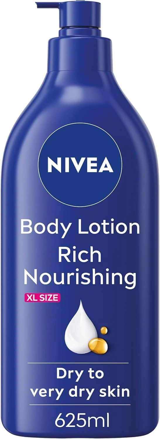 NIVEA Rich Nourishing Body Lotion (625ml), Rich 72H Hydration Moisturiser for Dry Skin Made with Deep Moisture Serum and Almond Oil, Extra Large NIVEA Body Lotion