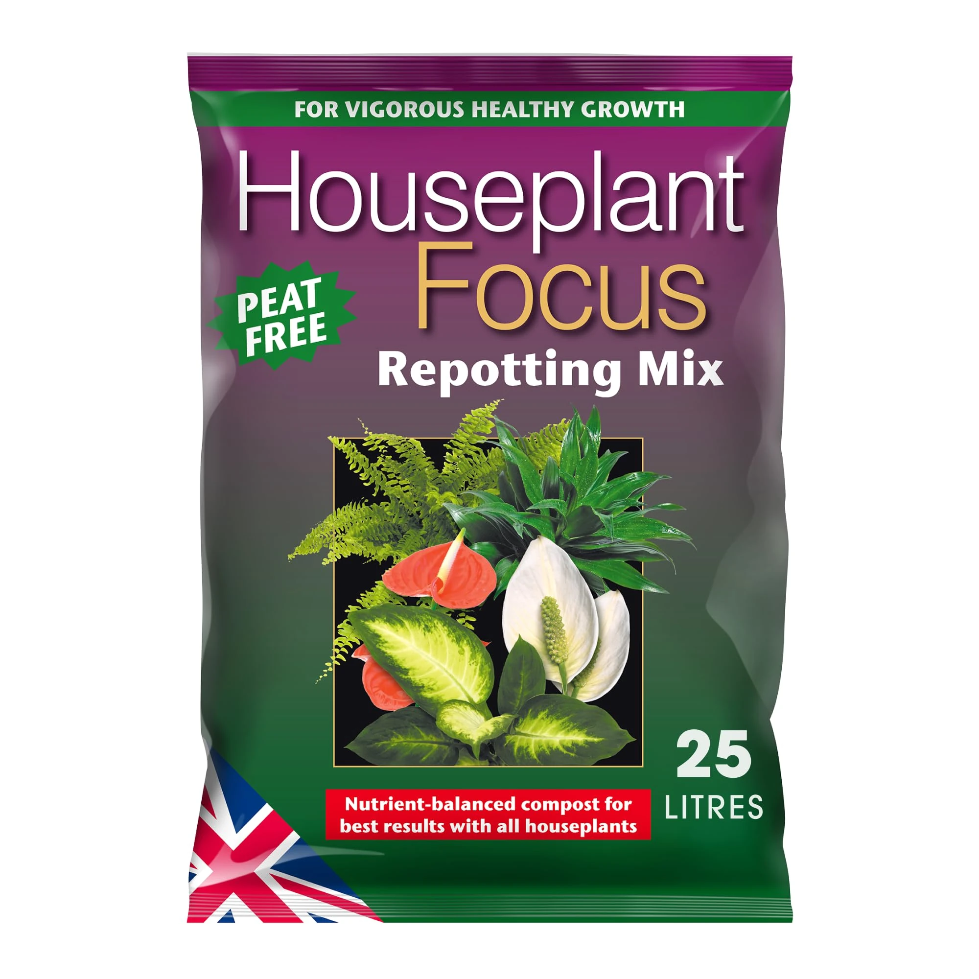 Houseplant Focus Repotting Mix, 25L - Growth Technology Potting Soil for Indoor Plants - Peat-Free Compost Soil - Professional Grade House Plant Food