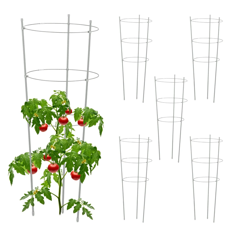 Relaxdays Garden Trellis Set of 6, Metal & Plastic, HxØ: 76x28 cm, 3 Adjustable Rings, Tomatoes & Climbing Plants, Grey