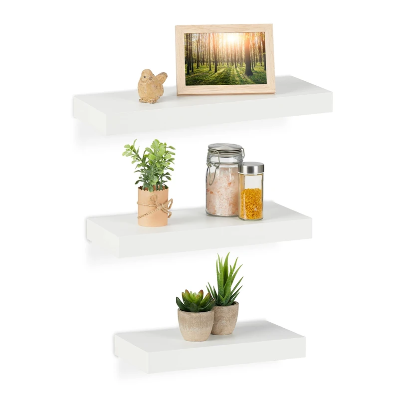 Relaxdays 3x Floating Shelves, Various Sizes, Decorative Wall Rack, MDF, Modern Design, incl. Mounting Material, White, Fibreboard, 3.5 x 42 x 15 cm