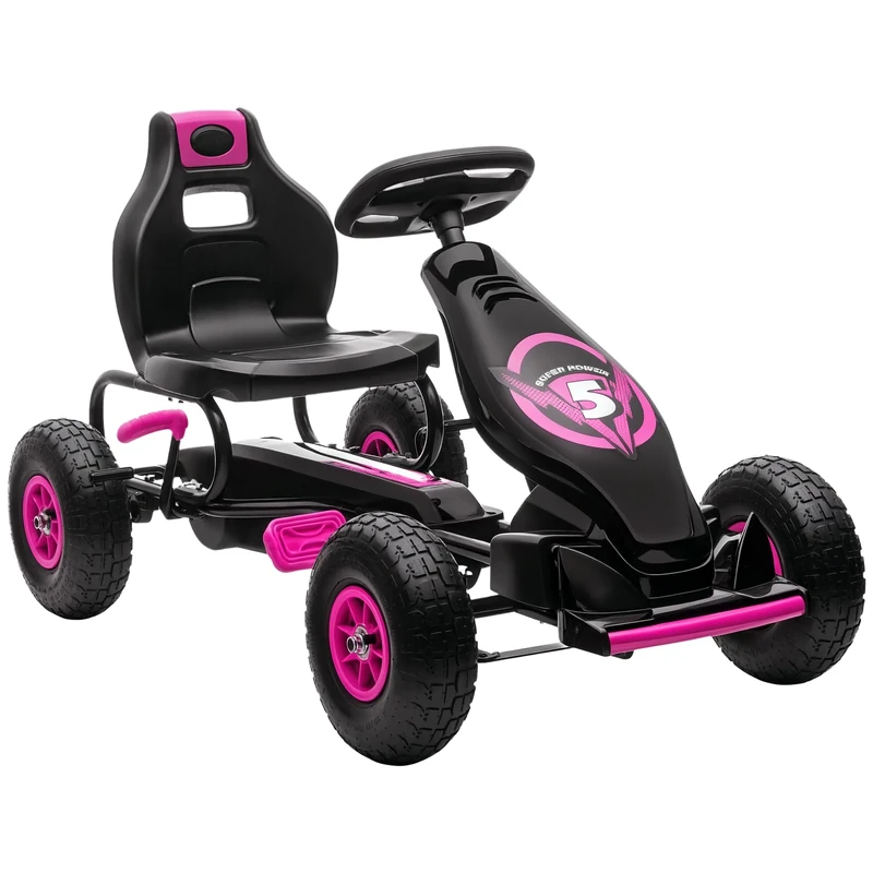 HOMCOM Children Pedal Go Kart, Raving Go Kart with Adjustable Seat, Inflatable Tyres, Shock Aborb, Handbrake, for Ages 5-12 Years - Pink