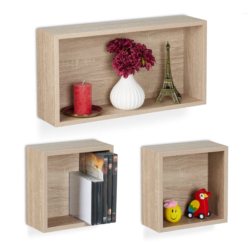 Relaxdays Set of 3 Floating Shelves, Wall Cubes in Wood Look, 2 Sizes, Decorative Display, Rectangular & Square, Natural