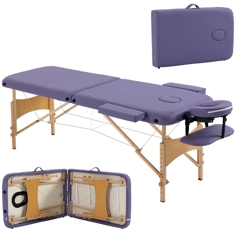 HOMCOM Portable Massage Bed, Folding Spa Beauty Massage Table with 2 Sections, Carry Bag and Wooden Frame, Purple