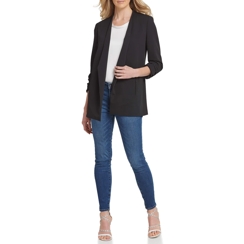 DKNY Women's Long Sleeve Open Front Jacket with Pockets Business Casual Blazer, Black, XS