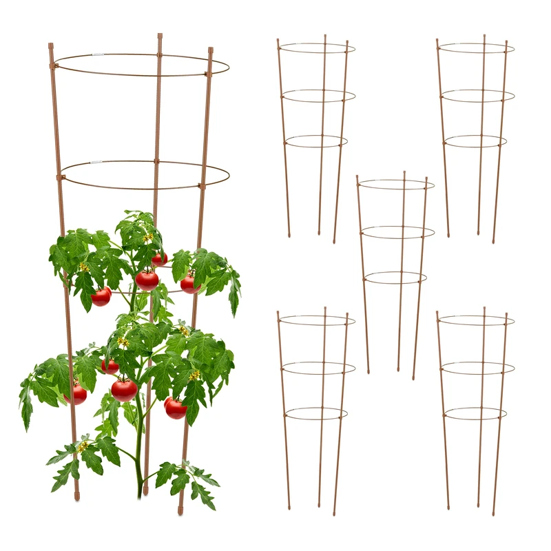 Relaxdays Garden Trellis Set of 6, Metal & Plastic, HxØ: 76x28 cm, 3 Adjustable Rings, Tomatoes & Climbing Plants, Brown