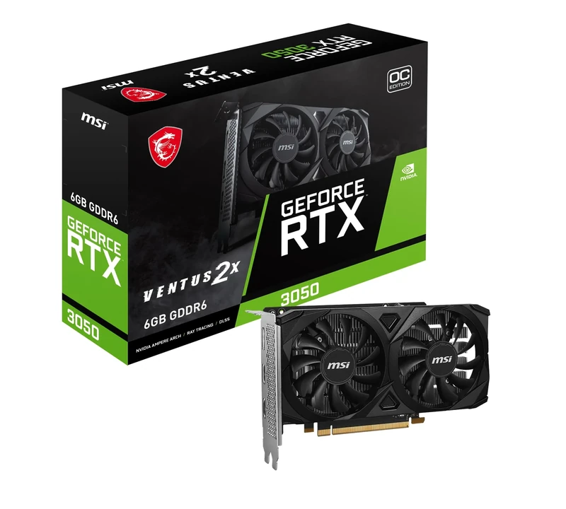 MSI GeForce RTX 3050 VENTUS 2X E 6G OC Gaming Graphics Card - 6GB GDDR6, 1492 MHz, PCI Express Gen 4, 96-bit, 1x DP (v1.4a), 2x HDMI 2.1 (Supports 4K)
