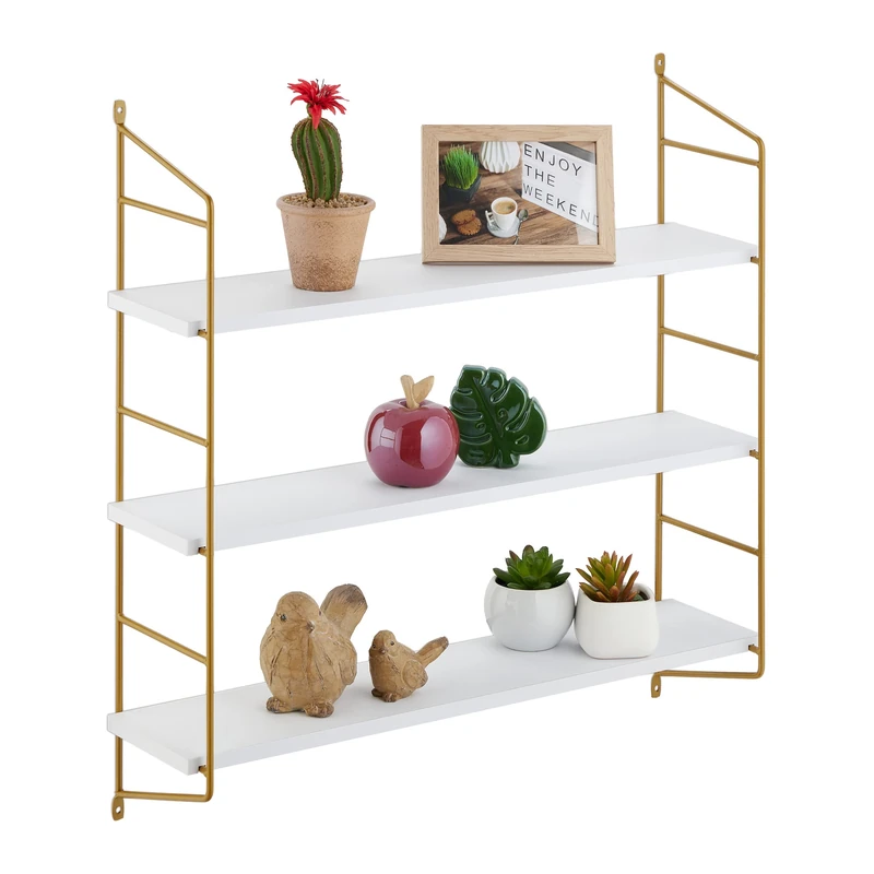 Relaxdays Wall Shelf, HxWxD: 60 x 60 x 15 cm, Suspended 3 Shelves, MDF & Iron, Hanging, Living Room, White/Gold, Fibreboard, 60x60x15 cm