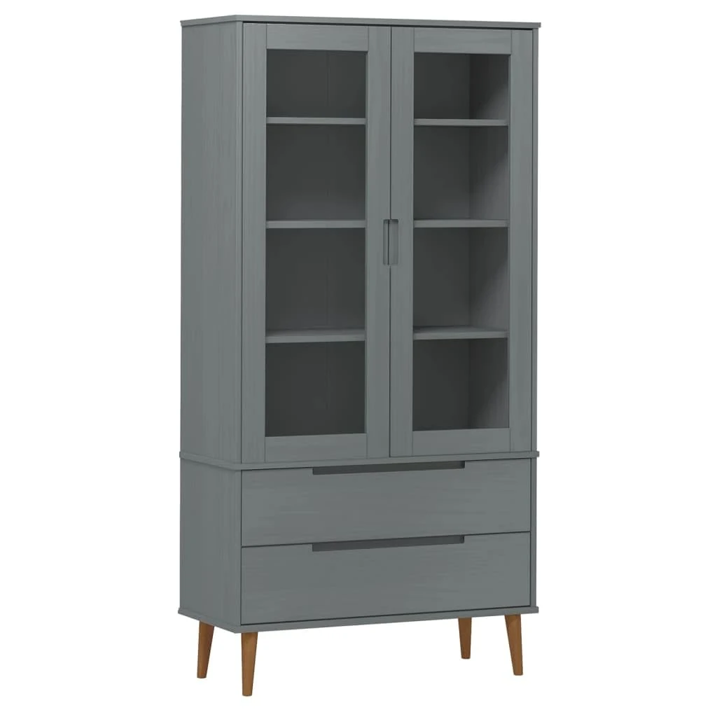 vidaXL Solid Wood Pine Grey Vitrine Cabinet E - Scandinavian Bookshelf with Tempered Glass Doors, Storage Compartments, and Drawers for Living Room/Office