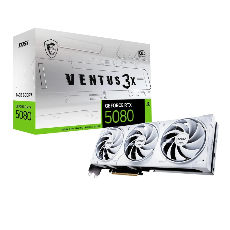 MSI NVIDIA GeForce RTX 5080 16G VENTUS 3X OC WHITE Carte Graphique - 16 Go GDDR7 (30 GB/s /256 Bits), PCIe 5.0 - Triple Ventilateur (3X Ventilateurs TORX 5.0), HDMI 2.1b, DisplayPort 2.1b