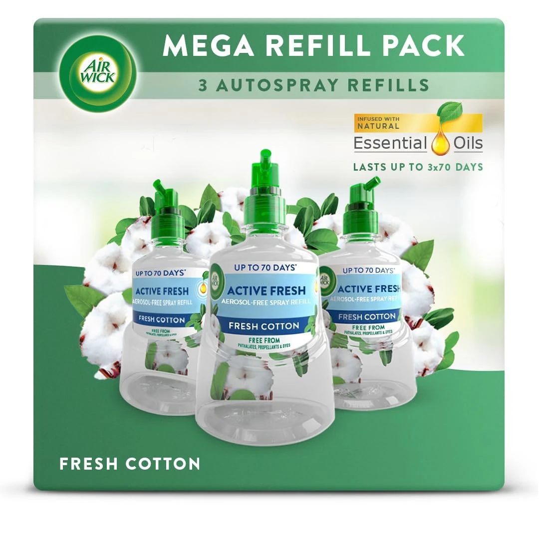 Air Wick Aerosol-Free Automatic Air Freshener Spray Refill Bundle, Fresh Cotton, Pack 3 x 228ml, 24x7 Active Fresh Odour Neutraliser, Lasts Up to 210 Days, Air freshener For Home