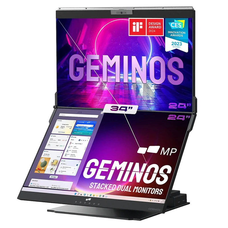 Mobile Pixels - Geminos - Dual 24" Stacked Computer Monitors with 1080P Webcam&Speakers, 100W USB-C Charging, HDMI/USB-A/USB-C (2 Monitors)