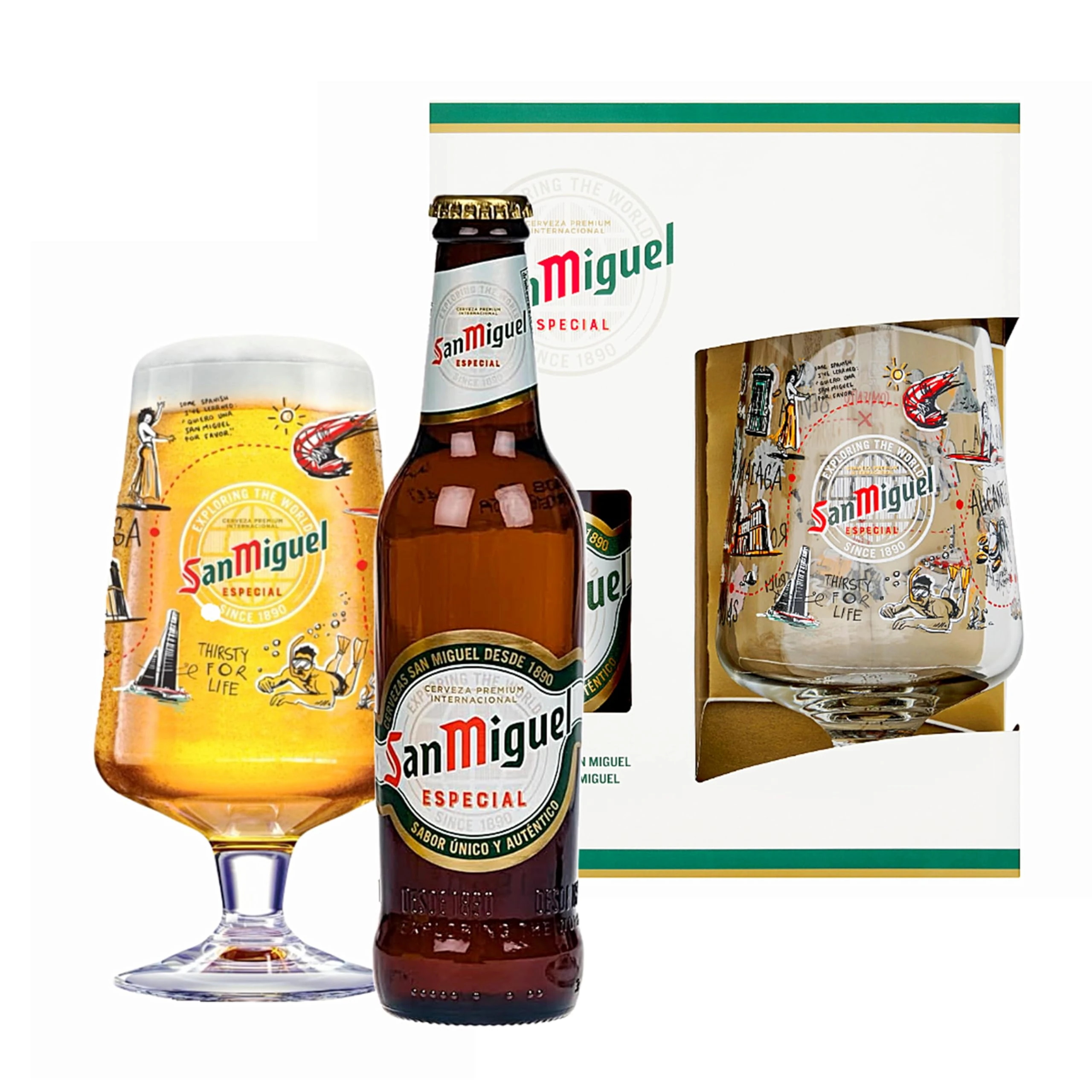 San Miguel Beer Gift Set - Randomly Selected one of Official Branded 330ml Beer Bottle & Engraved Chalice Pint Glass Gifts for Him. Perfect for Birthday Gifts, Christmas Gifts for Stocking Fillers